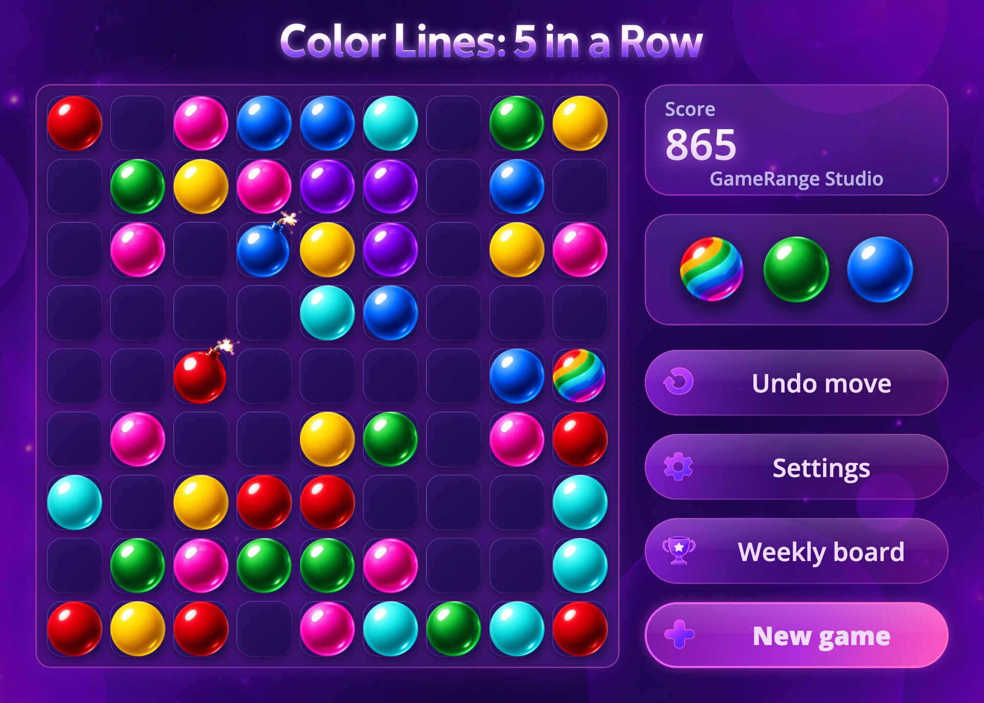 Color Lines in play: seven colours of glossy balls on a nine by nine board