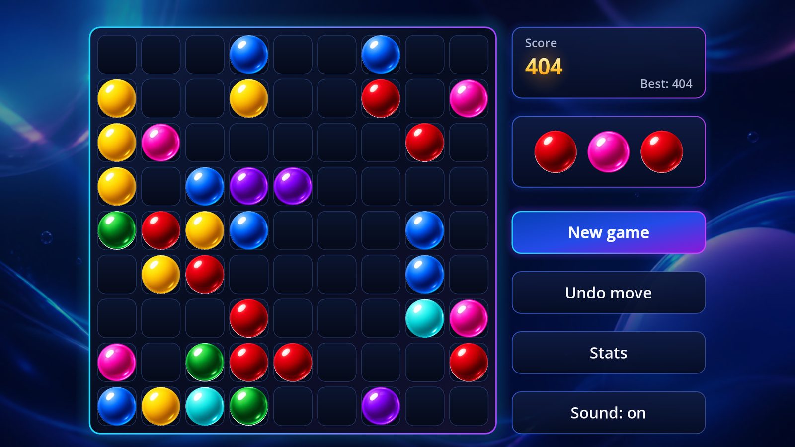 Color Lines in play: seven colours of glossy balls on a nine by nine board