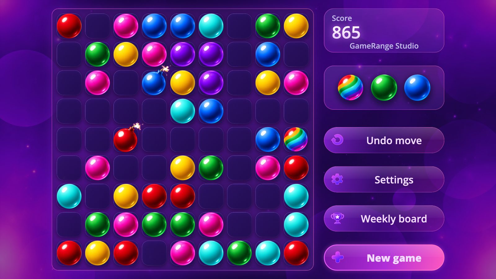Color Lines in play: seven colours of glossy balls on a nine by nine board