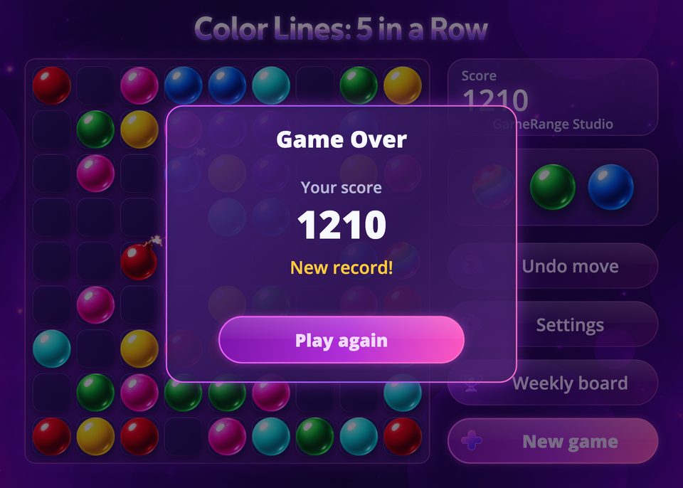The end of a game, showing a new record